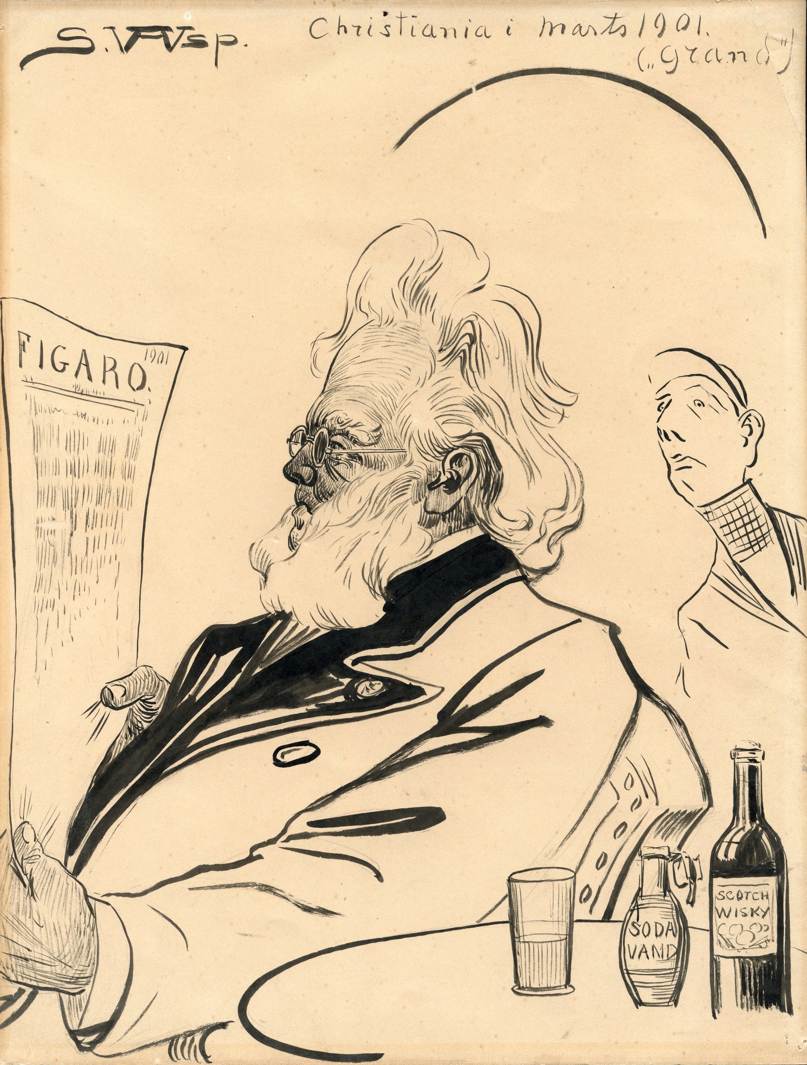 A cartoon drawing of Henrik Ibsen at Grand by Georg Sigurd WetterhoffAsp March 1901