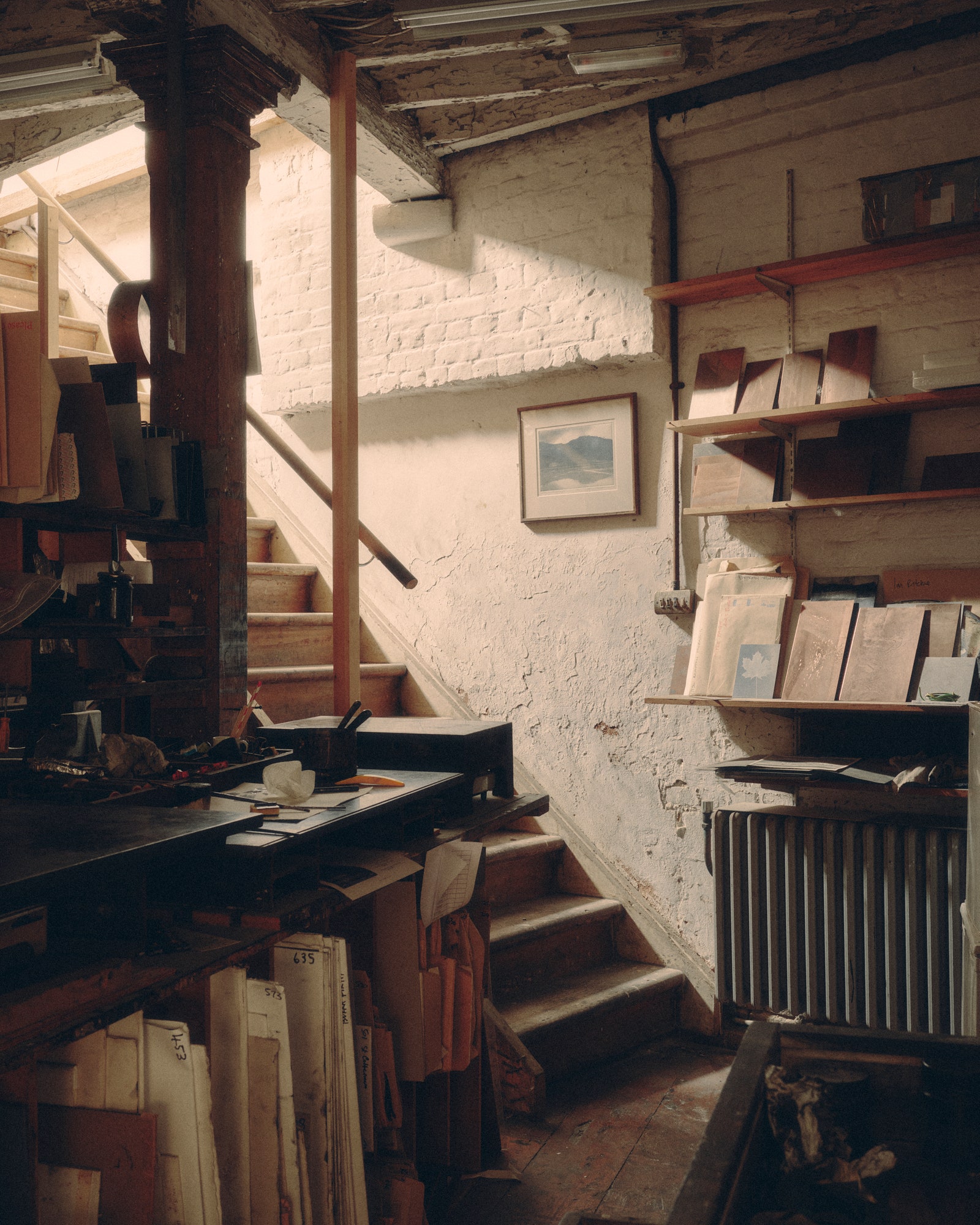 Norman Ackroyd studio. Architecture Building House Housing Staircase Wood Art Painting Plywood and Indoors